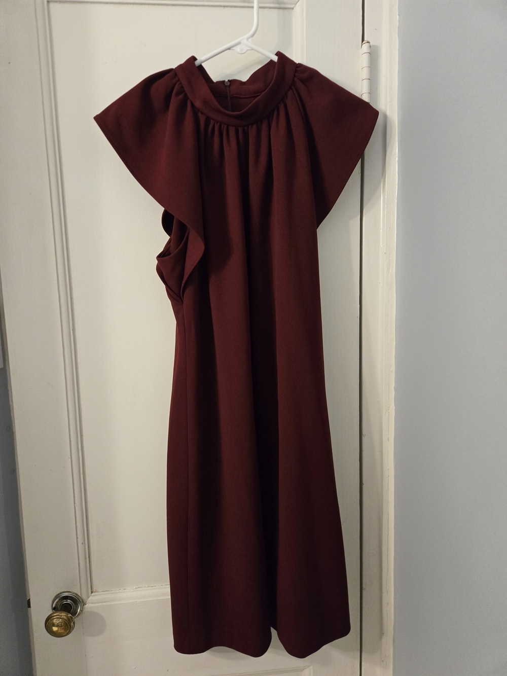 Calvin Klein Sleeveless Ruffled High-Neck Dress in Deep Burgundy